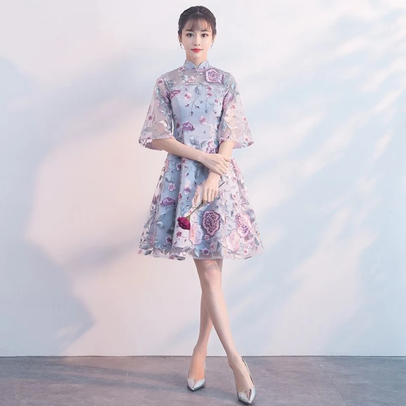 

Elegant Traditional Chinese Dress Qipao Ladies Evening Dresses Vintage Cheongsam Women Bride Short Lace Cheongsam Modern Dress