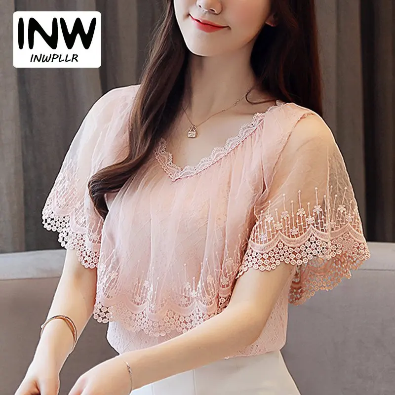 

New Arrival Lace Tops Women 2019 Korean Chiffon Blouse Shirt Summer Short Sleeve Femme Shirts Ruffle Patchwork Tops Pink Blusas