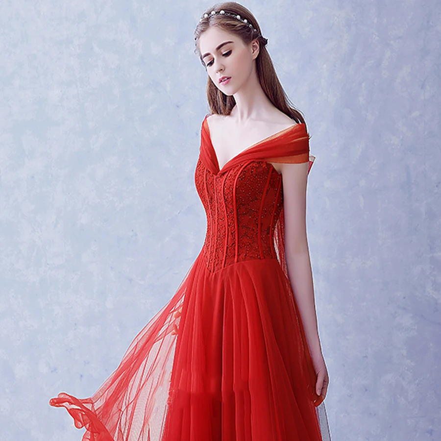 Новый стиль Лидер продаж с красным v образным вырезом Бисер вечернее выпускное