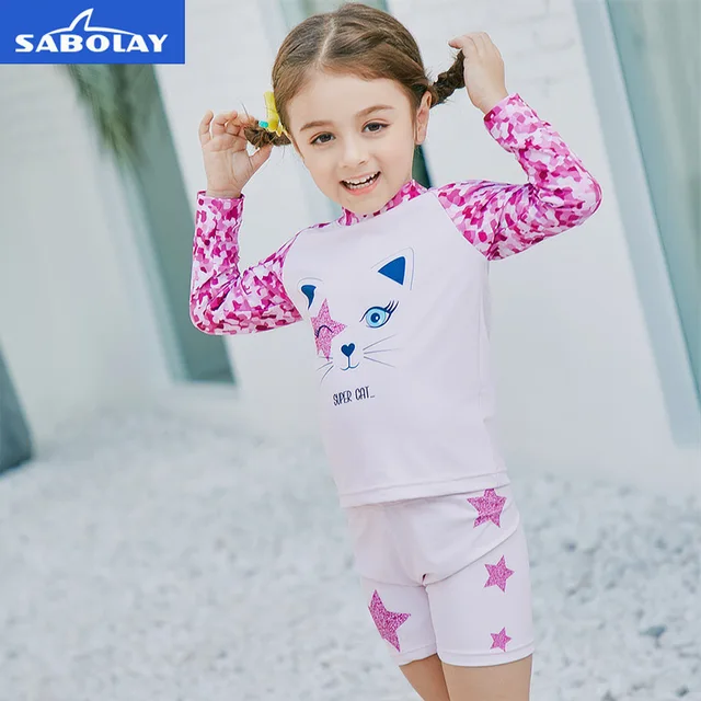 Cheap SABOLAY Summer Kids Swimwear for Girls Children's Long Sleeve Cute Cartoon Swimwear Rash Guards UV Protection Beach Swimsuit