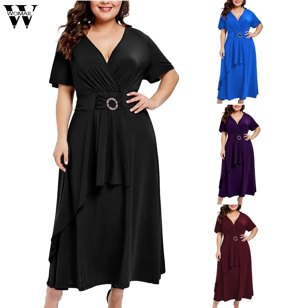 

Womail dress woman NEW Summer plus size Solid Short Sleeve V-Neck Slim Dress party fashion Daily Casual Dress 2019 A11