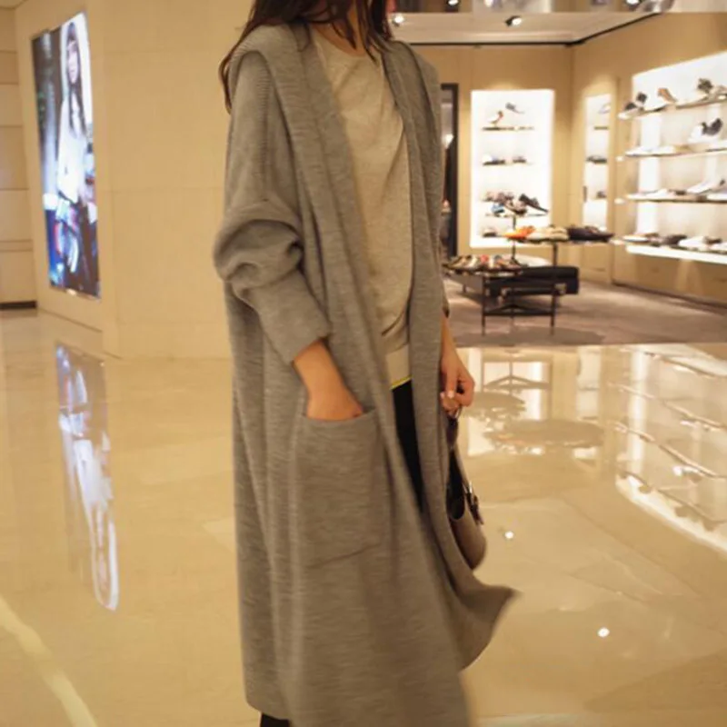 

Women Sweater Coat Hooded Knitted Long Oversized Autumn New 2019 Outwear Size S-2XL Solid Color Elegant Cardigan Sweater Coat