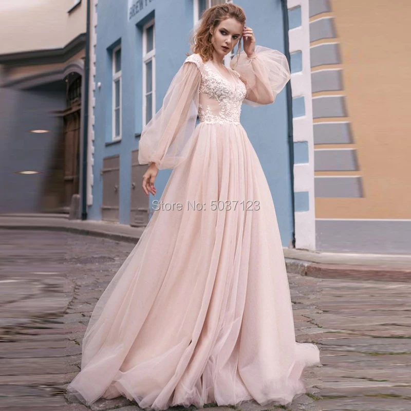Roze Lange Mouwen Trouwjurken A Line Kant Applicaties Pofmouwen Backless Floor Lengte Bruidsjurk Vestido De Novias Longo Roze Lange Mouwen Trouwjurken A Line Kant Applicaties Pofmouwen Backless Floor Lengte Bruidsjurk Vestido De Novias Longo
