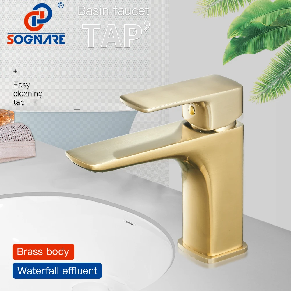 

SOGNARE Basin Faucet Bathroom Faucets in Brushed Gold Taps for Bathroom Sink Faucet Single Handle Cold and Hot Water Mixer Tap