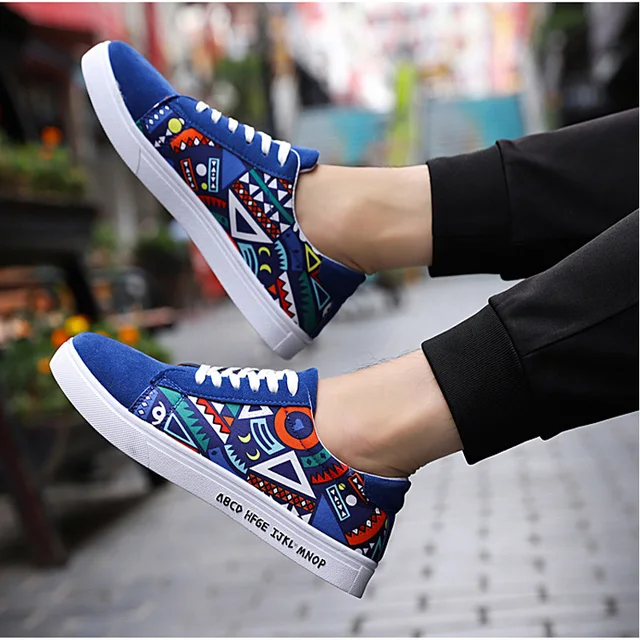 US $5.11 Men's Vulcanize Shoes Lace-up Fashion printed canvas shoes Spring Autumn Flat Black Red Blue Casual