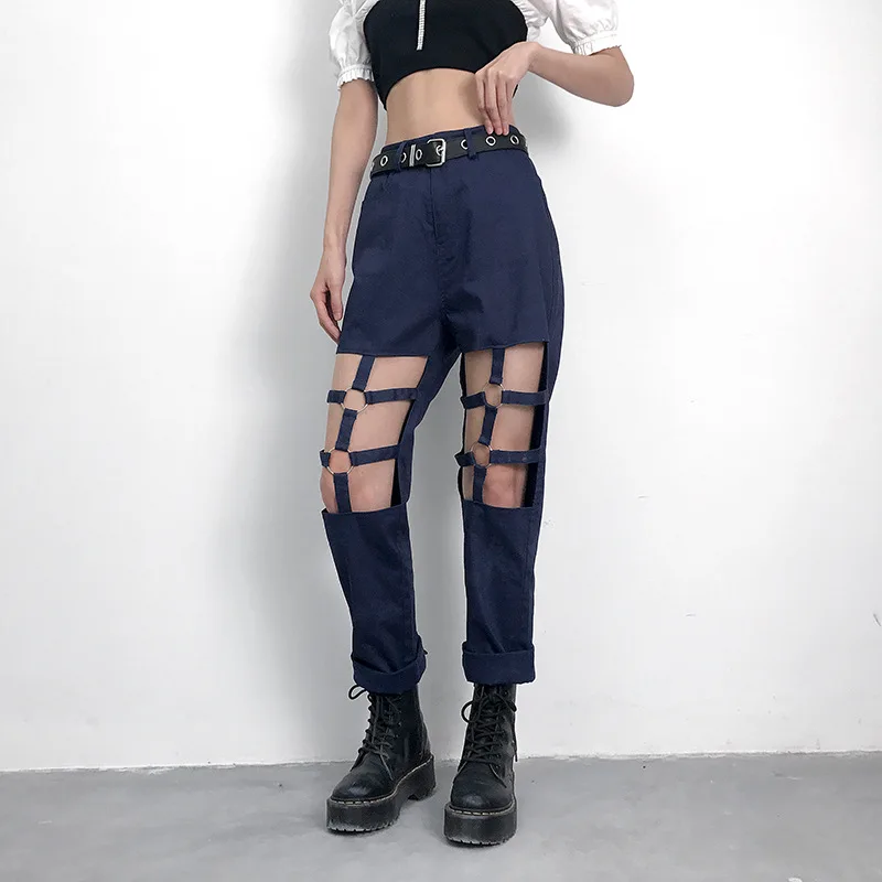 Streetwear Holes Black High Waist Cargo Pants Women Sweatpants and Joggers Front Hollow Out Casual Harem Trousers Female Capris