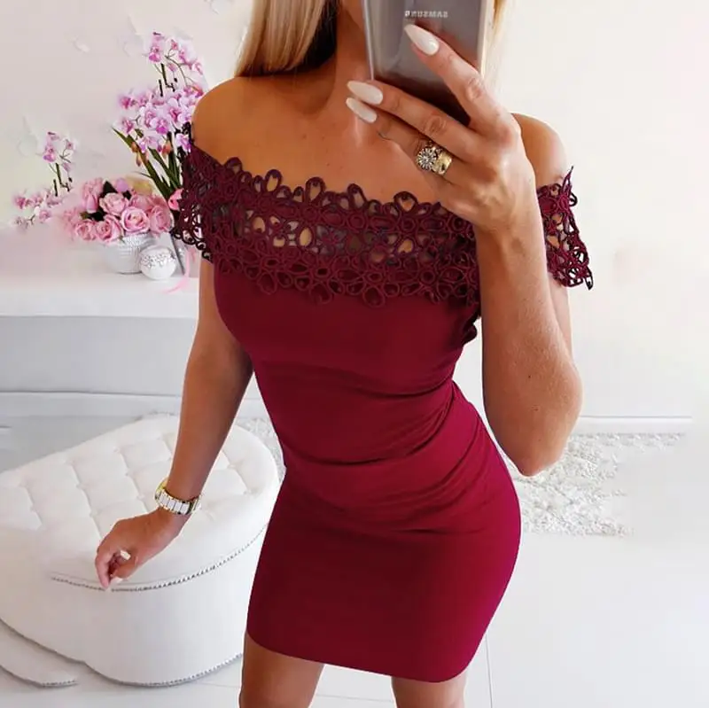 

2019 Red Lace Parchwork Party Mini Dress Women Sexy Off Shoulder Bodycon Dresses Ladies Slash Neck Club Wear Black Blue Vestidos