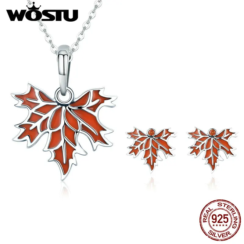 

WOSTU Authentic 100% 925 Sterling Silver Autumn Maple Tree Leaves Necklace Earrings Jewelry Set Sterling Silver Jewelry Gift