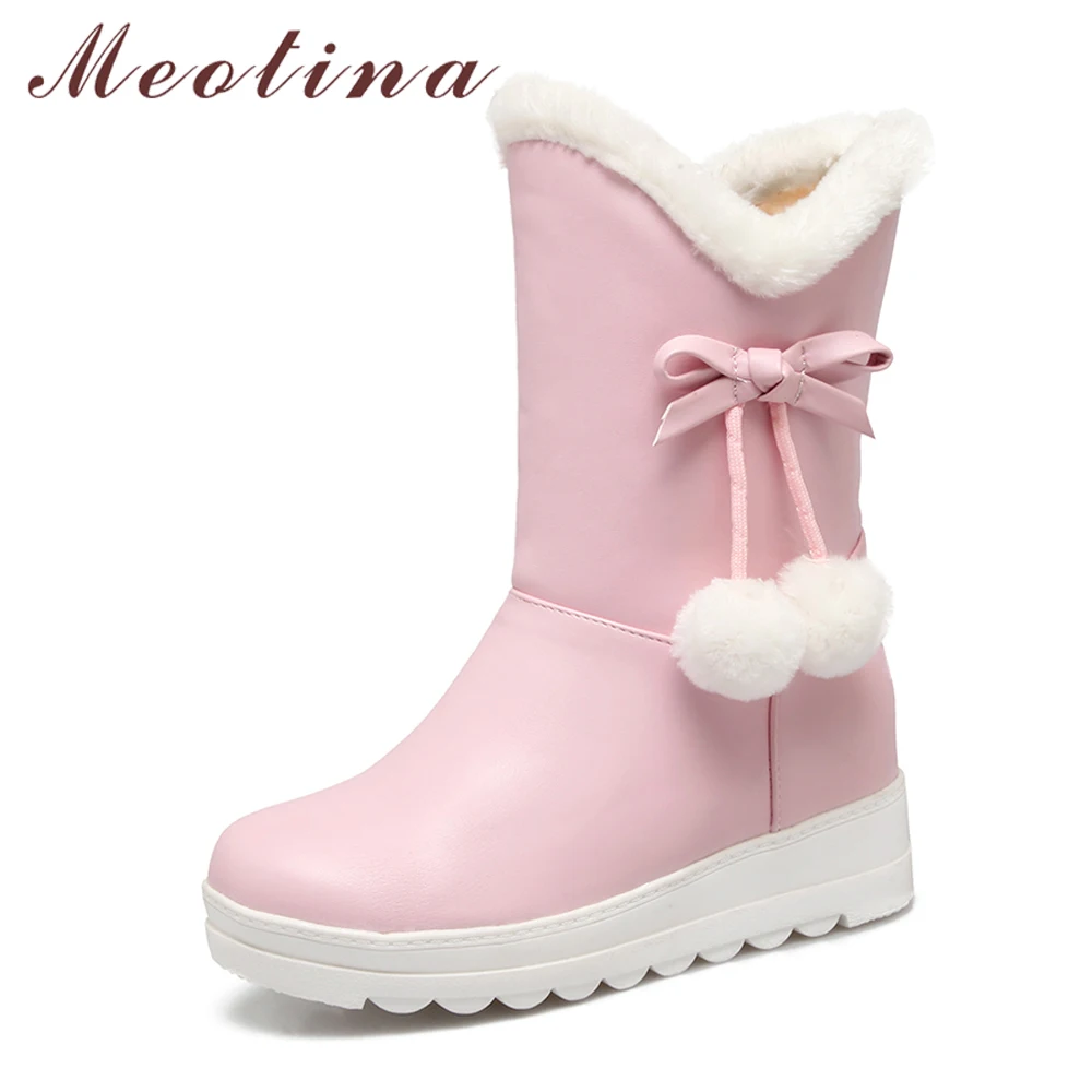 Meotina Snow Boots Winter Boots Women Plush Platform Wedge Heel Mid ...