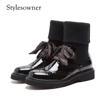 

Stylesowner Hot Style Black Sock Boots Lace-up Cross-tied Neutral Martin Boots Thick Bottom Low Heels Patent Leather Knitting