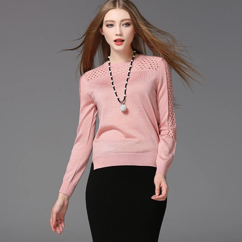 

2018 New Women's Spring And Summer Pointelle Knit Solid Cotton Sweater Pullover