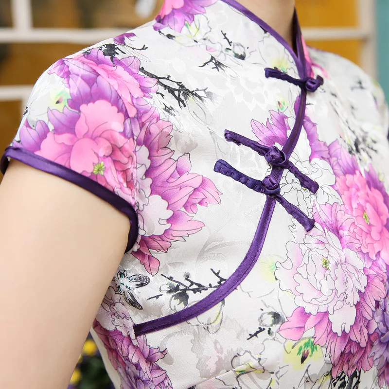 New Satin Women's Traditional Chinese Cheongsam Dresses Vestido Printing Stand Collar Short Sleeve Silk Plus Size 4XL (3)