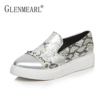 

Fashion Women Flats Loafers Shoes Brand Spring Platform Single Woman Casual Shoes Thick Heels Rivet Leopard Ladies Sneakers DE