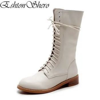 

EshtonShero Women's Shoes Mid Calf Boots Black Genuine Leather+PU Low Heel Fashion Ladies Motorcycle Boots Size 34-39