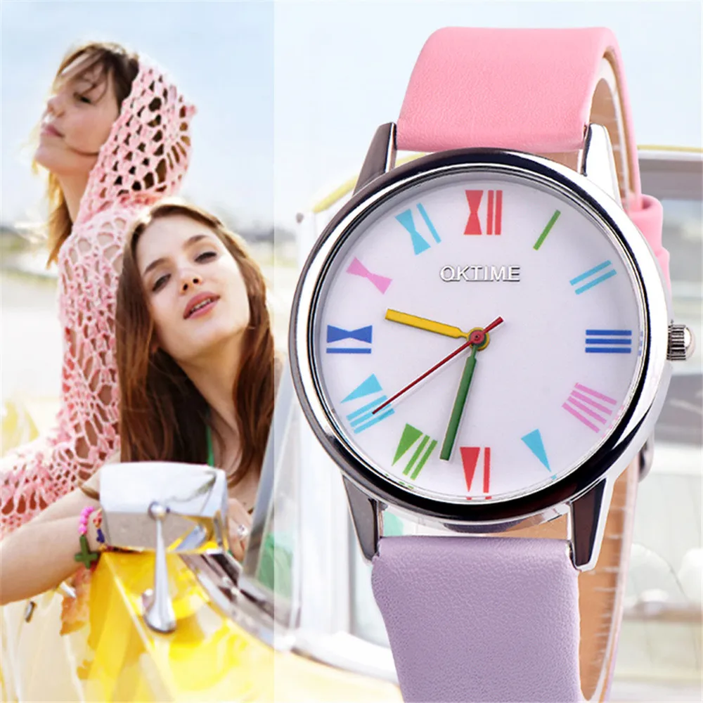 

Cute Rainbow Color Pointer Women Clock Contrast Color Casual Wrist Watches For Children Relogio Girl Watch Gmt Feminino Luxo #D