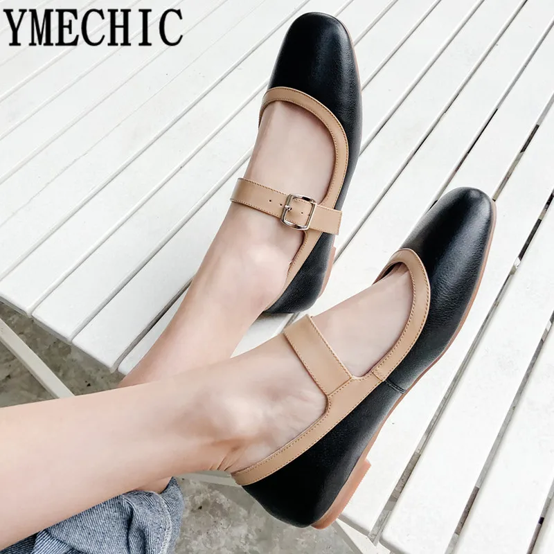 

YMECHIC 2019 Summer Genuine Leather Mary Jane Shoes Womens Ballet Flats Daily Soft Comfortable Ladies Flat Heel Shoes Woman 40