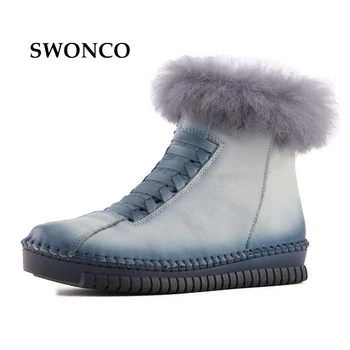 

Genuine Leather Ankle Snow Boots For Woman 2017 New Natrual Rabbit Fur Female Witner Warm Boots 3 Cm Thick Bottom Handmade Boots