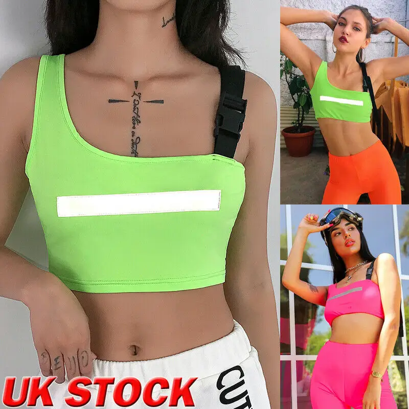 

Women Buckle Vest Boob Tube Crop Top Sheer Mesh T Shirt One Shoulder Cami Tank Top Bralette Reflect TShirt