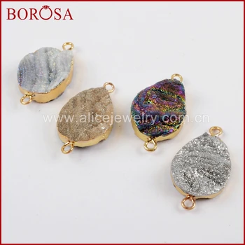 

BOROSA 10PCS Gold Color Teardrop Rainbow Titanium Galaxy Druzy Quartz Connector Double Charms Drusy Jewelry for Necklace G1616