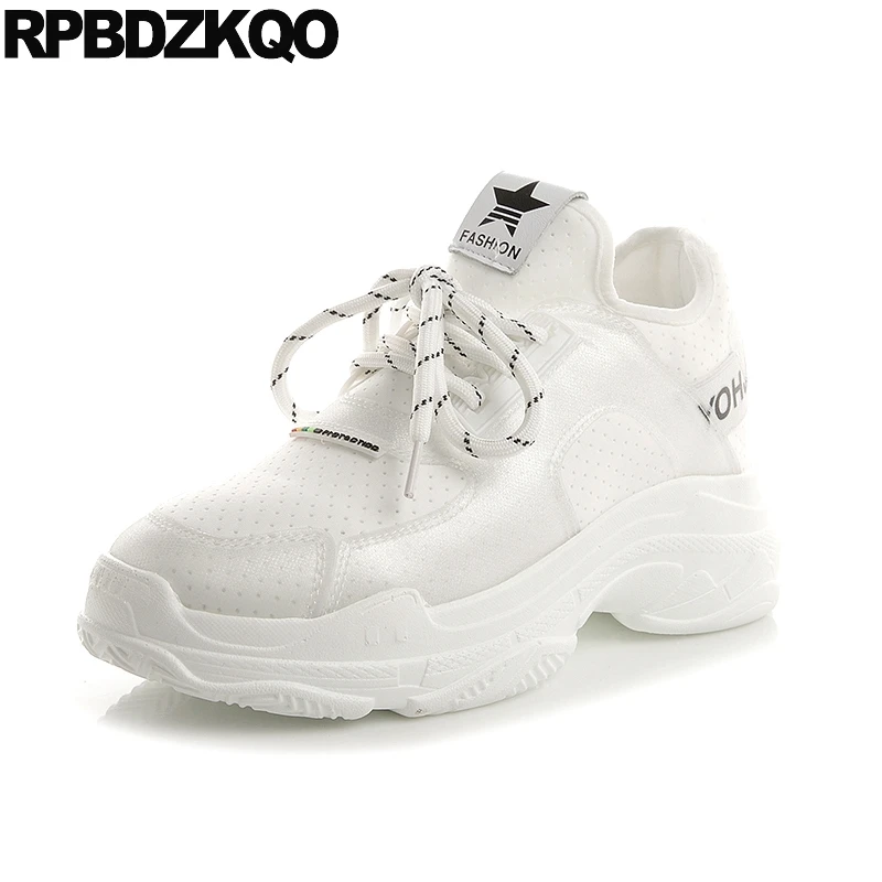 

wedge thick sole lace up creepers platform shoes breathable sneakers trainers round toe elastic summer leisure elevator women