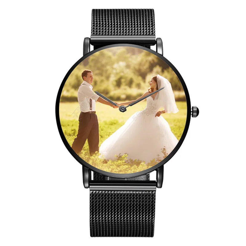 Цвета: золотистый, Серебристый Мужские Женские логотип пару часы наручные фото наручные индивидуальные уникальные часы "сделай сам" подарок для любителей - Цвет: Custom Dial Black