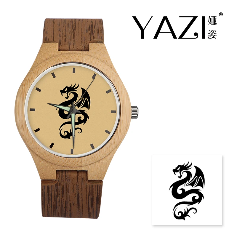 

YAZI DIY Wooden Watch Dragon Lucky Logo Quartz Watch Natural Bamboo Wood Case Wrist Watches Wood Stripe Band Gift For Friend