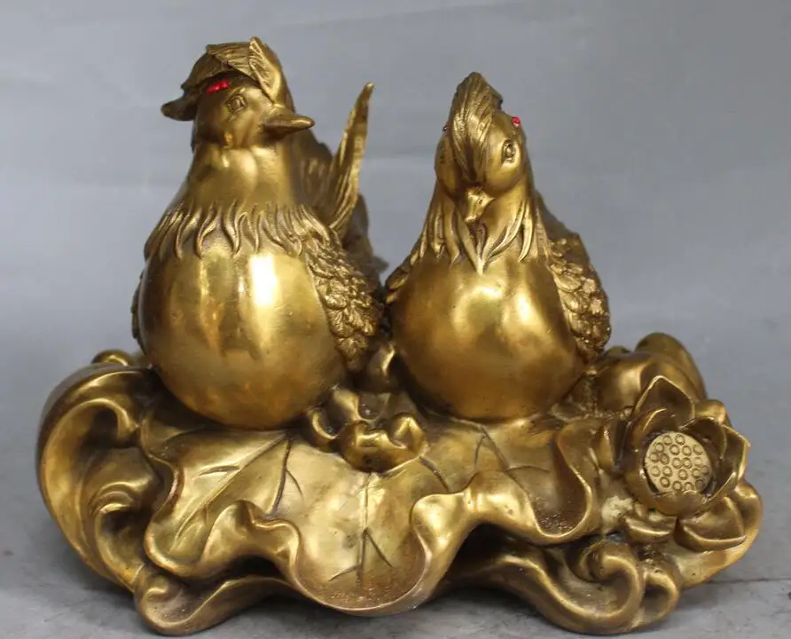 11" Chinese Feng shui Bronze mandarin duck Bird On Statue Sculpturein