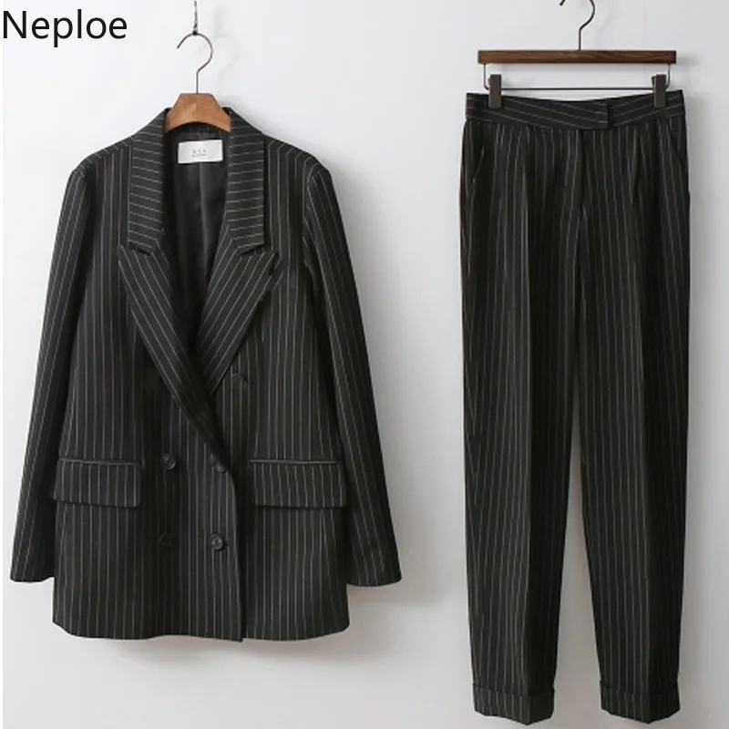 

Neploe Vertical Stripes Spring Summer 2019 Women's Set Double Breasted Pockets Blazers+zipper Fly Long Suit Pants 43432