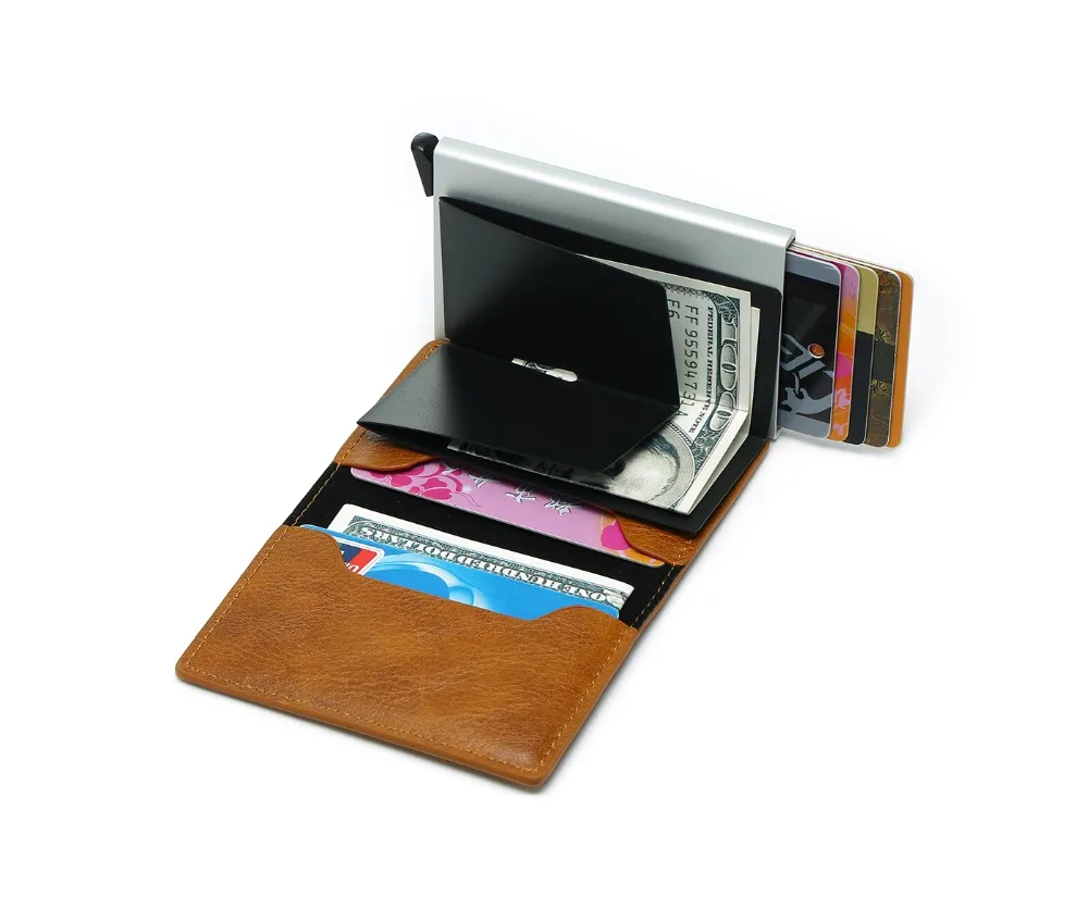 

Men Aluminum Wallet With Back Pocket ID Card Holder RFID Blocking Metal Wallet Automatic Pop up Credit Card Coin Leather Purse