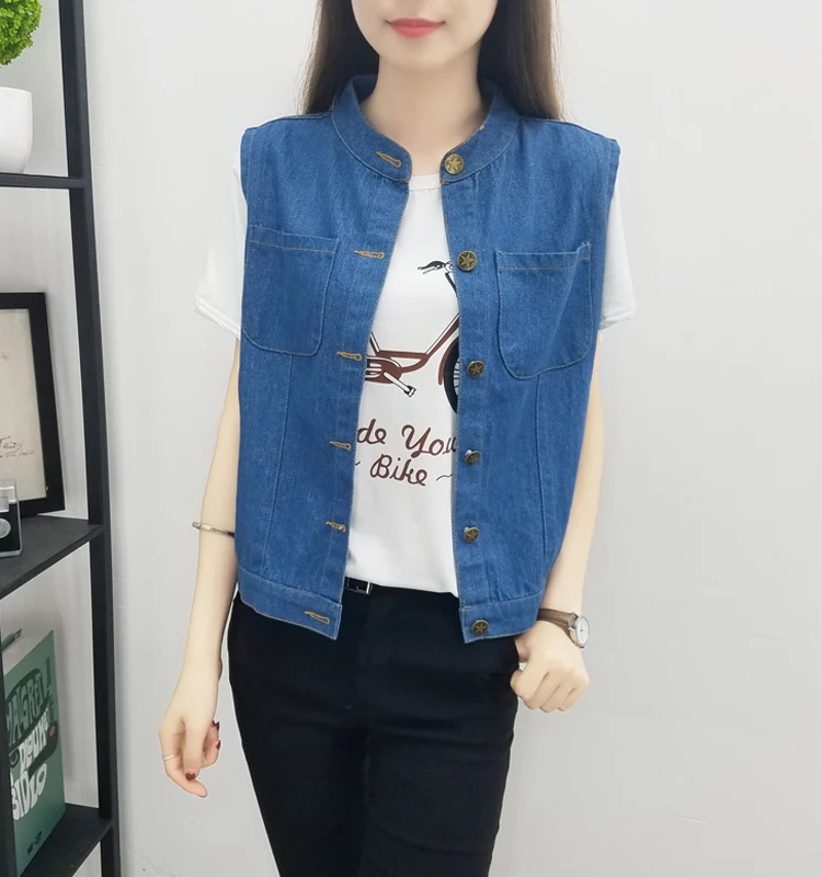 Large Size Bust 5XL Women's Jeans Vest Summer Thin Pure Blue Pocket Jacket Cardigan Sleeveless Female O-Neck Button Waistcoat