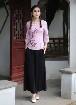 

Spring Chinese Womens Cotton Linen Shirt Skirts Sets 2018 New Fashion Flowers Tang Suit Clothing S M L XL XXL 3XL 2618-2