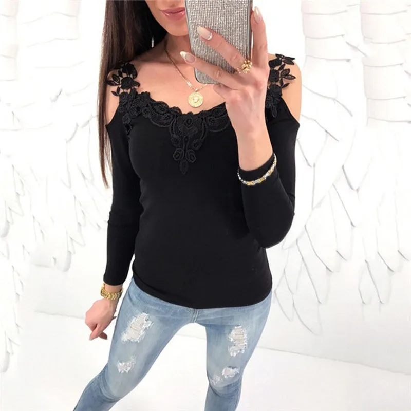 

New Women Lace Patchwork T-shirt New 2018 Ladies Solid Color Long Sleeve Sexy Floral Bare Shoulder Sling T Shirt Slim Fit Tops