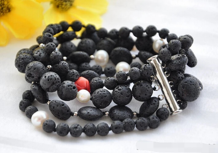 

FREE SHIPPING>>>@@ > 09367 5strands black round coin lava white pearl bracelet