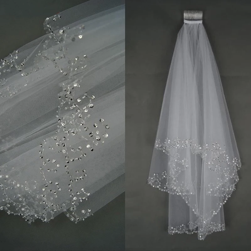 

Crystal Beaded Wedding Veils Tulle Two Layer Bridal Veil Elegant Bridal Veil Wedding Accessories Bridal Party Veils With Comb