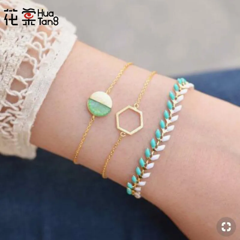 

HuaTang Bohemia beautiful Leaves Layered Bracelets Set for Women Girl Gold Color Geometric Chains Summer Bracelet Pulsera 3485