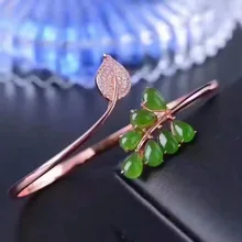 925 стерлингового серебра зеленый браслет с нефритом модные натуральные ювелирные изделия простой стиль цветок незамкнутные браслеты sz0507agby