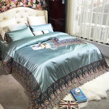 

luxury 120S Egyptian cotton Embroidery Bedding set Queen King Noble Lace Royal Duvet cover Bed sheet set Pillowcase 4/6pcs Blue