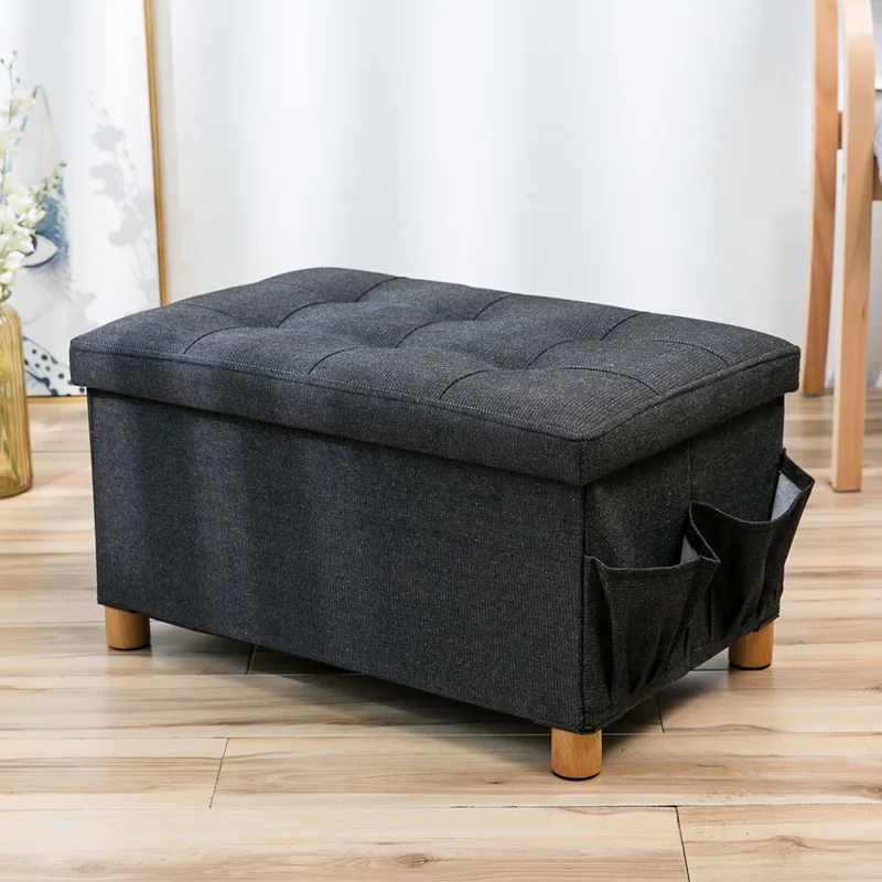 Denim fabric ottoman solid wood four feet storage stool fitting room creative slipper side pocket change shoe bench foldable - Цвет: black L