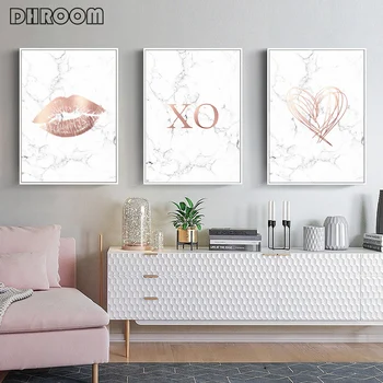 

Rose Gold Marble Posters and Prints Scandinavian Love Poster Wall Art Fashion Painting Art Lips Wall Pictures for Living Room