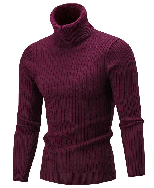Мужской свитер, фирменные пуловеры, Повседневный свитер, мужской свитер с высоким воротником, однотонный, простой, приталенный, вязанный, мужские свитера, Мужской пуловер s - Цвет: Red wine