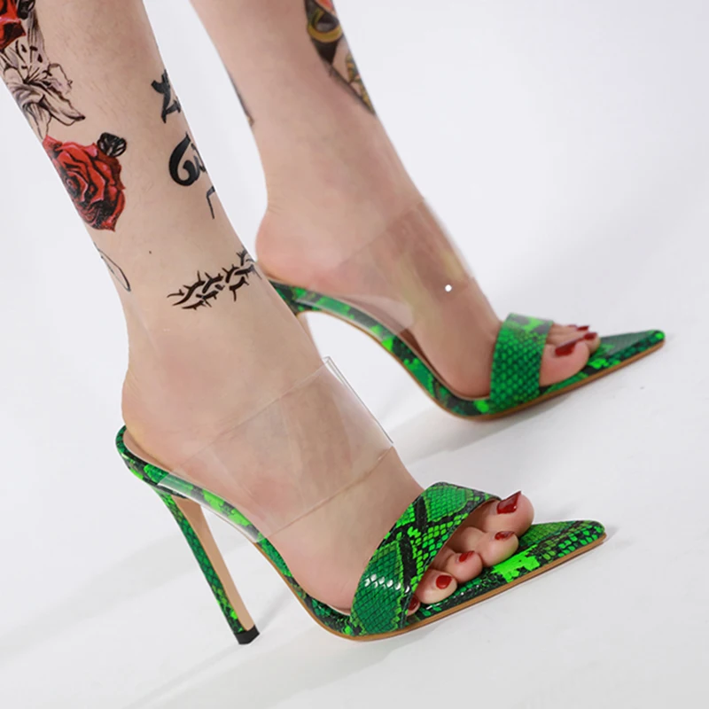 

Rimocy 2019 New Summer Sandals Slippers Snake 12.5cm Thin High Heels Slides Flip Flop Clear PVC Women Shoes Sexy Stilettos Green