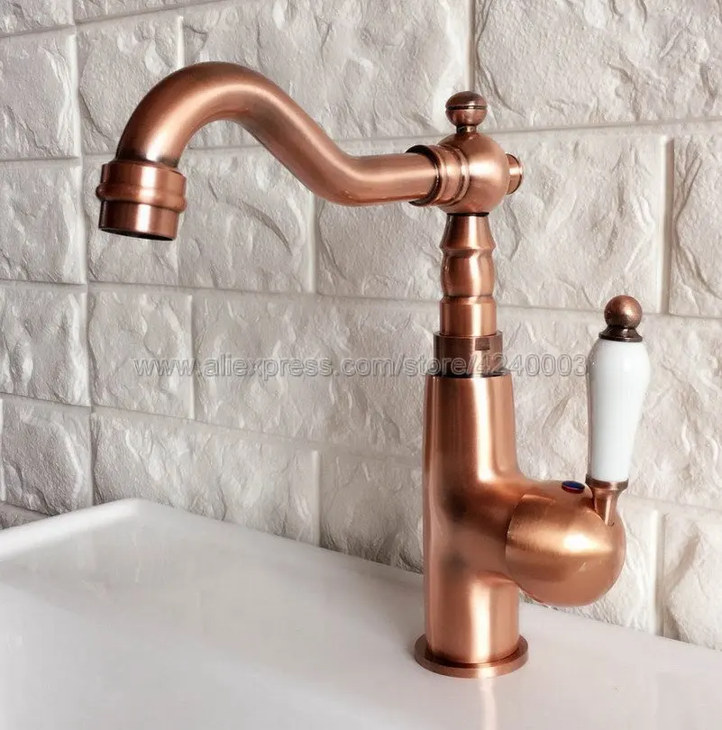 

Basin Faucet Antique Red Copper Ceramic handle Bathroom Sink Swivel Mixer Tap Hot and Cold Water faucets Knf409
