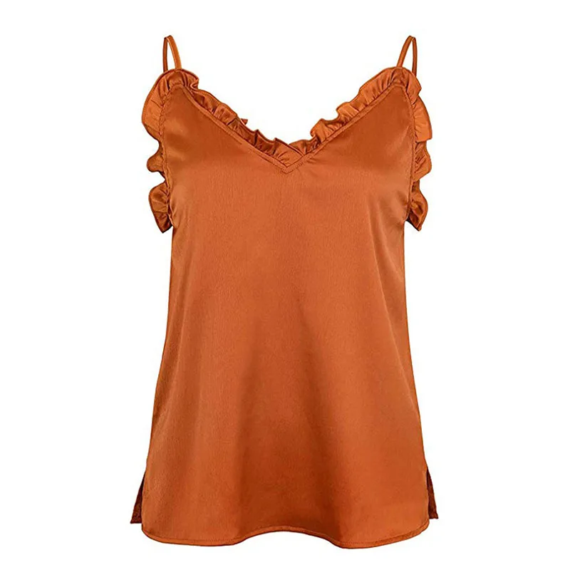 Orange Tank Top SEBOWEL/регулируемые бретельки с v-образным вырезом и оборками, топы на бретелях, Женская Летняя Повседневная Базовая майка без рукавов, Топ для женщин, размер s-xxl - Цвет: Orange Tank Top
