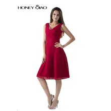 Honig Qiao V-ausschnitt Red Chiffon Promkleider 2016 Lange Falten Elegante Abendkleider Reißverschluss Knielangen Vestidos De Festa