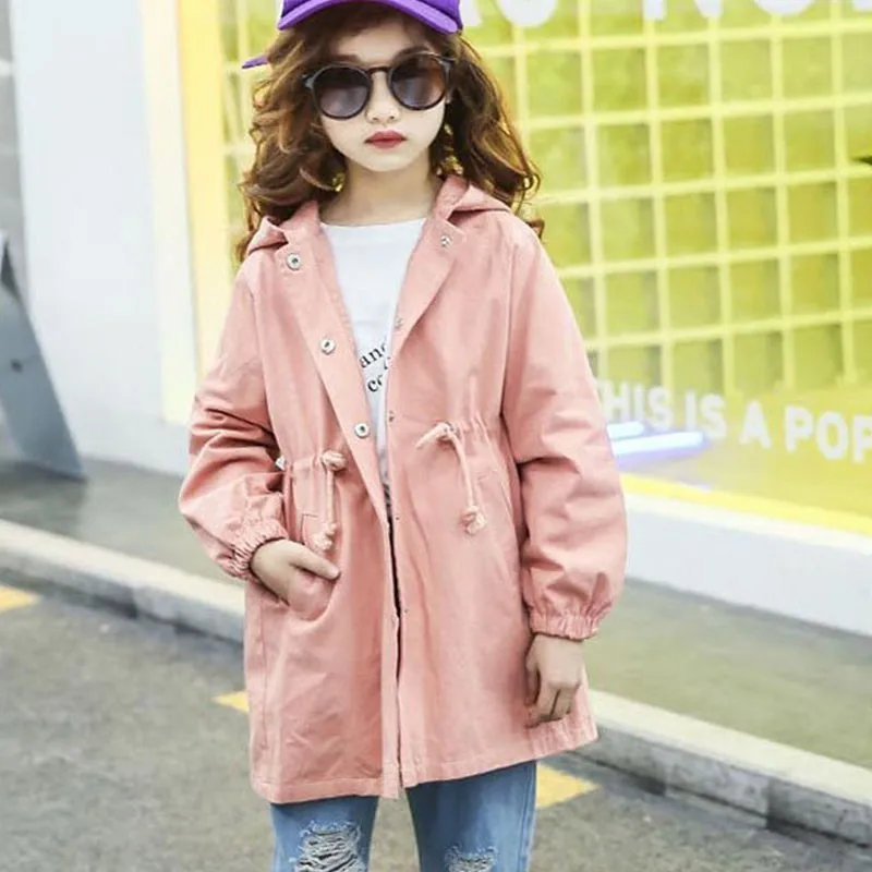 

Pink Khaki Hooded Teenage Kids Autumn Long Jackets For Girls Outerwear Tops Clothing New 2019 Children Solid Trench Coat Clothes