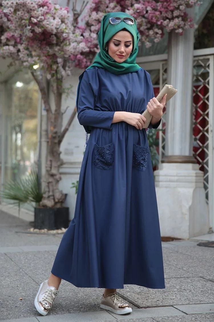 Абая для женщин Исламская одежда с длинным рукавом карман Макси мусульманское платье Бангладеш Кафтан Дубай, Турция платья Хиджаб Халат - Цвет: Blue