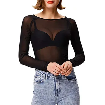 

Women Blouses Transparent Mesh Shirt Ladies Tops Tee Sexy See Through Long Sleeve Sheer Blouse Plus Size Blusa Stand Neck d#