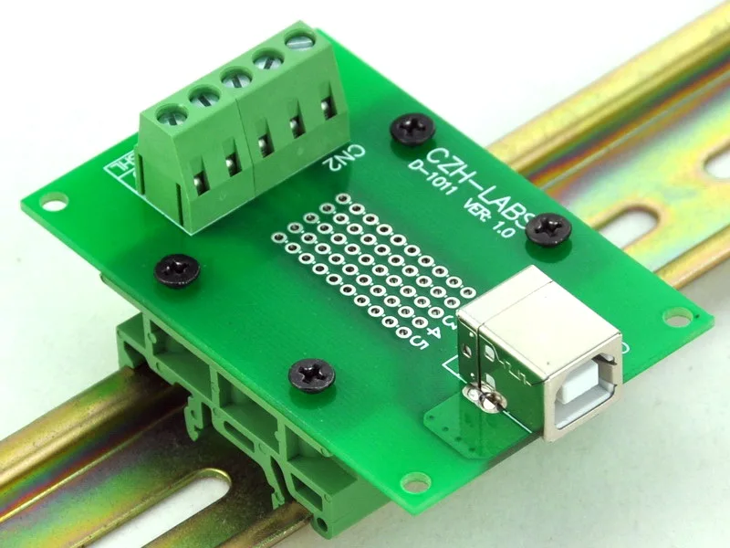 

USB Type B Female Right Angle Jack Breakout Board, w/Simple DIN Rail Mount Feet.