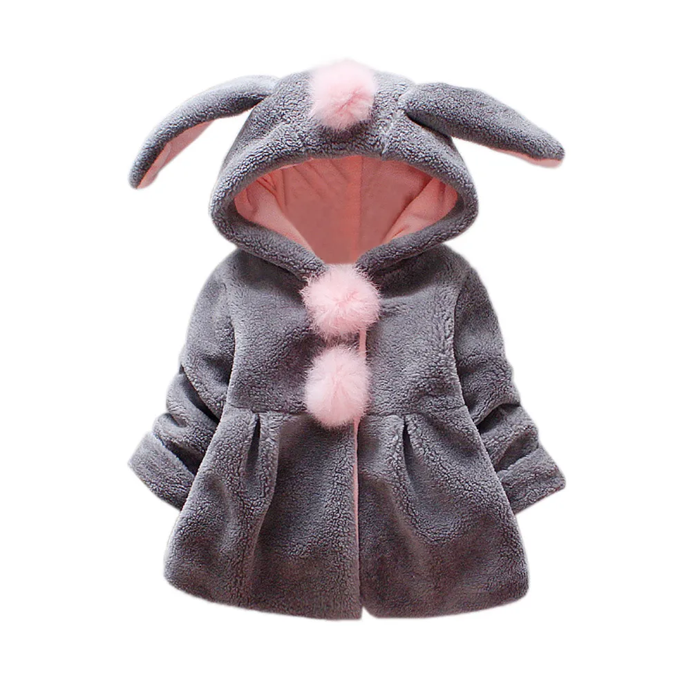 Baby Coat Outerwear Baby Girls Winter Coat Autumn Winter Girls Baby Kids Cute Rabbit Ears Hooded Warm Girls Coat Jacket Clothes - Цвет: Серый