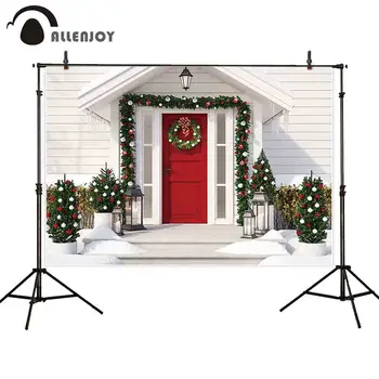 

Allenjoy photography backdrop Christmas porch door wreath snow tree background photobooth photo sessions shoot photocall